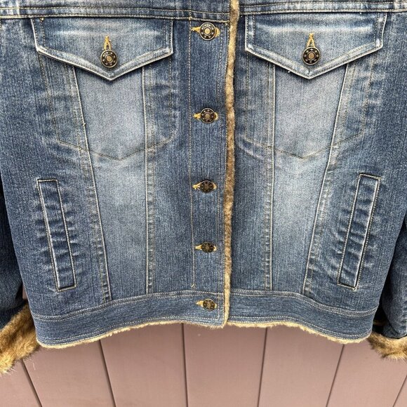 Vintage Marvin Richards Blue Denim Jean Jacket Faux Fur Lined Sz Medium 90s Y2K - Picture 6 of 14